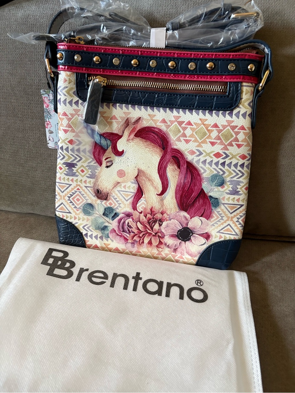 Brentano Pink Unicorn Crossbody Bag with Floral Print